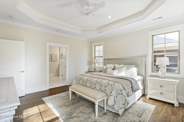449 Motts Forest Rd Unit 64R, Wilmington, NC 28412 - bedroom with a raised ceiling, crown molding, wood finished floors, ensuite bathroom, and ceiling fan