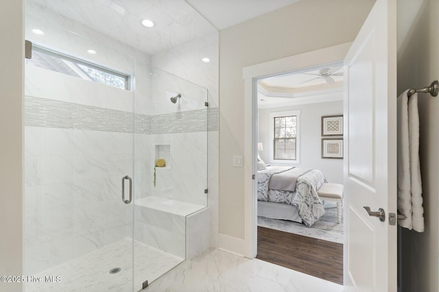 449 Motts Forest Rd Unit 64R, Wilmington, NC 28412 - ensuite bathroom with healthy amount of natural light, a marble finish shower, a ceiling fan, marble finish floors, and recessed lighting