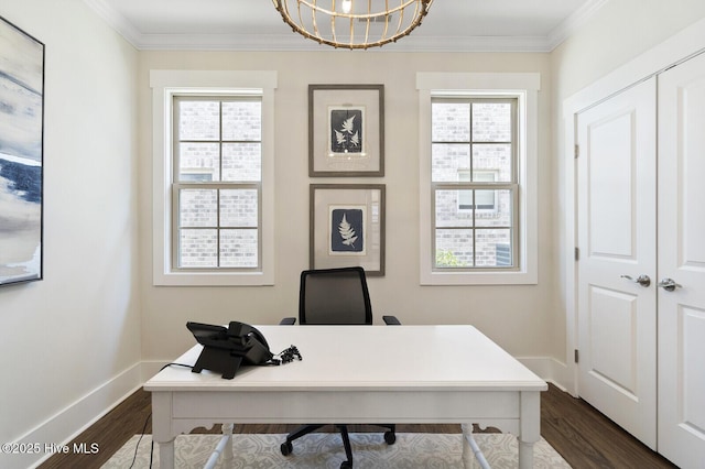 449 Motts Forest Rd Unit 64R, Wilmington, NC 28412 - office with dark wood-type flooring, healthy amount of natural light, ornamental molding, and a chandelier