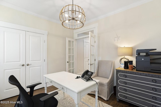 449 Motts Forest Rd Unit 64R, Wilmington, NC 28412 - office space with a chandelier, ornamental molding, and dark wood-type flooring