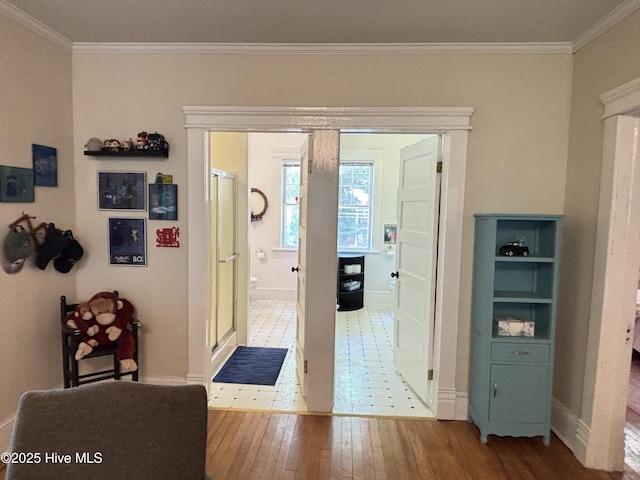 124 W Main St, Woodland, NC 27897 - hall featuring hardwood / wood-style flooring and crown molding