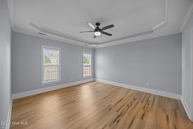 2324 Dovedale Dr Unit B, Greenville, NC 27834 - unfurnished room with a tray ceiling, light wood-style flooring, ceiling fan, and crown molding