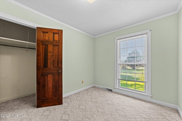 6715 Clarks Neck Rd, Washington, NC 27889 - unfurnished bedroom with a textured ceiling, carpet, ornamental molding, and a closet