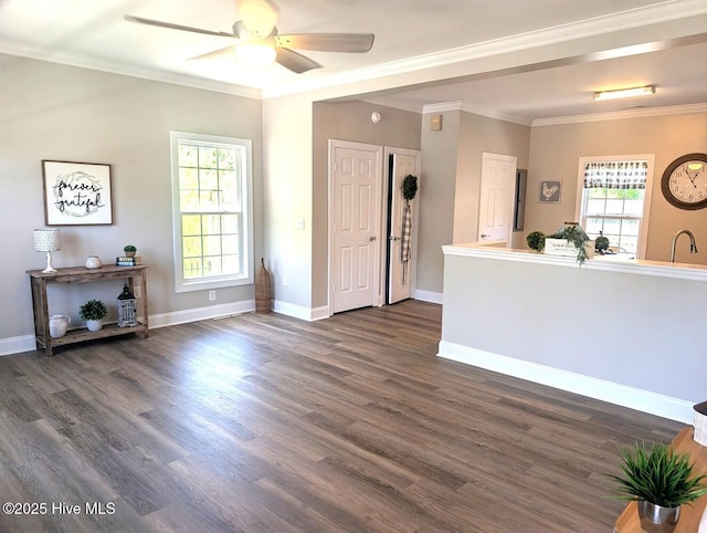 3 Sloop St, Swansboro, NC 28584 - living room featuring ceiling fan, dark wood-style floors, and ornamental molding