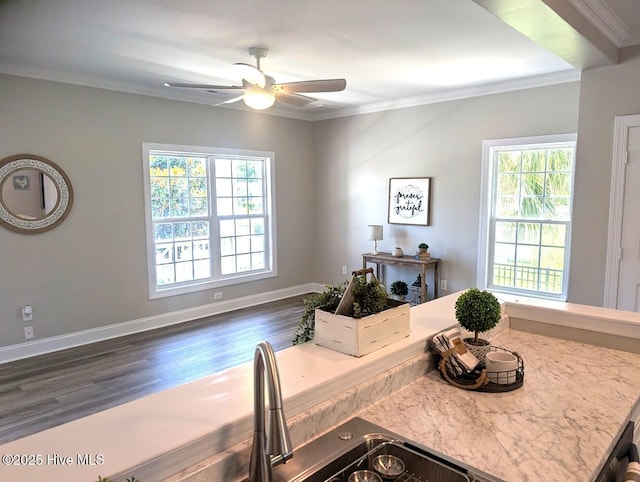3 Sloop St, Swansboro, NC 28584 - kitchen with crown molding, dark wood-type flooring, a ceiling fan, open floor plan, and light stone counters