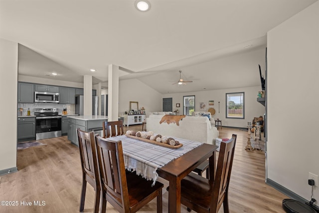 125 Trellis Ln, Vanceboro, NC 28586 - dining room with vaulted ceiling, a ceiling fan, light wood-type flooring, and recessed lighting