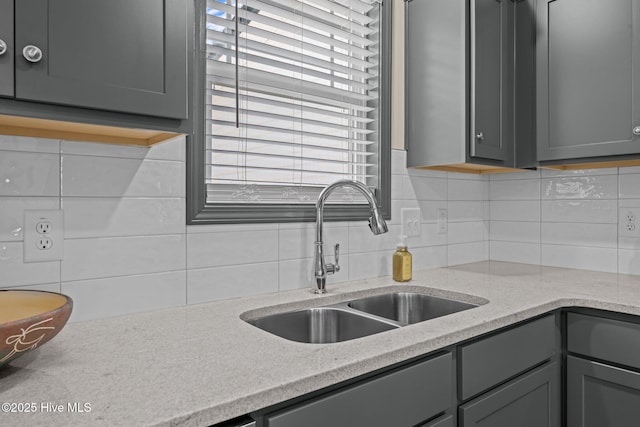 125 Trellis Ln, Vanceboro, NC 28586 - kitchen featuring gray cabinets, decorative backsplash, and light stone countertops