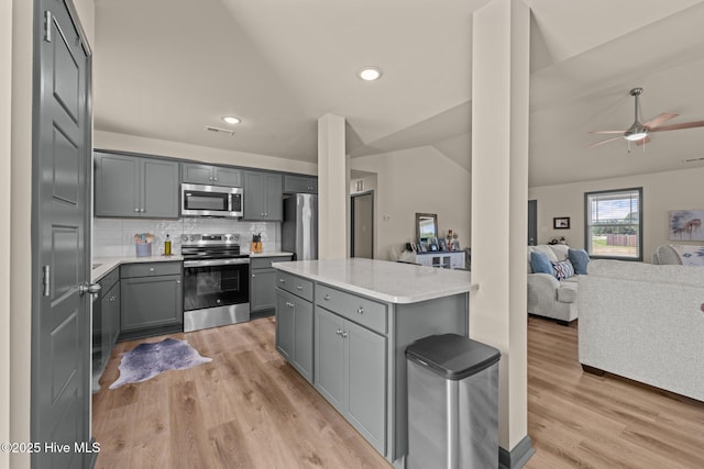 125 Trellis Ln, Vanceboro, NC 28586 - kitchen featuring appliances with stainless steel finishes, gray cabinets, open floor plan, ceiling fan, and tasteful backsplash