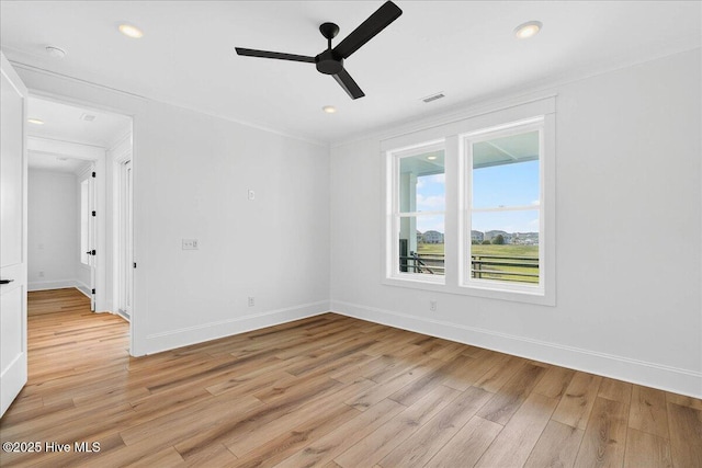 47 Grande View Dr, Ocean Isle Beach, NC 28469 - empty room featuring light wood-style floors, a ceiling fan, crown molding, and recessed lighting