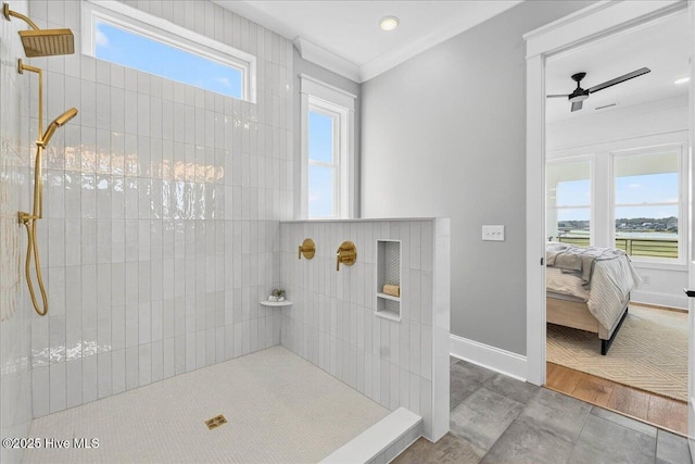 47 Grande View Dr, Ocean Isle Beach, NC 28469 - ensuite bathroom with tiled shower, ornamental molding, ceiling fan, tile patterned flooring, and recessed lighting