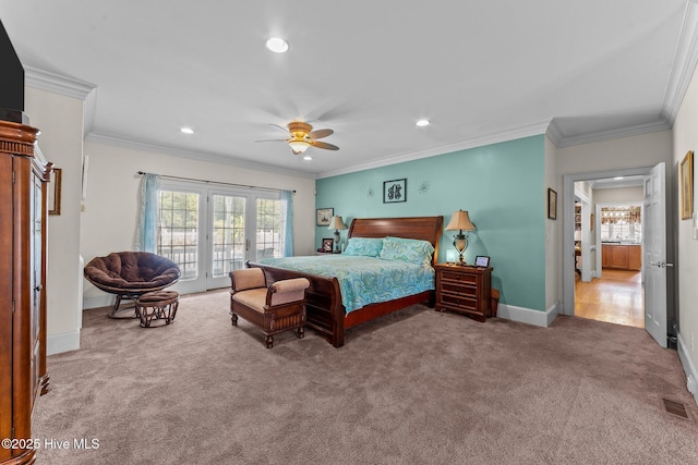 7264 NC-43, Macclesfield, NC 27852 - carpeted bedroom with access to outside, multiple windows, recessed lighting, ornamental molding, and ceiling fan