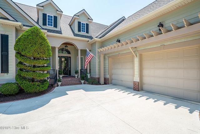 6601 Annesbrook Pl, Ocean Isle Beach, NC 28469 - doorway to property with a shingled roof, driveway, an attached garage, and brick siding