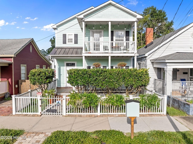117 S 8th St, Wilmington, NC 28401 - view of front facade with a balcony, a fenced front yard, a porch, and a standing seam roof