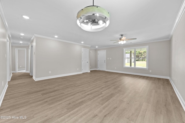 92 Hampton Way, Snow Hill, NC 28580 - unfurnished living room with recessed lighting, a ceiling fan, light wood-type flooring, and crown molding