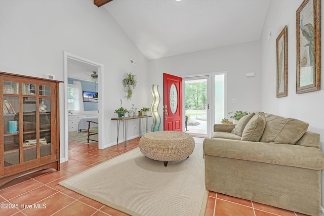 8 Gate 2, Carolina Shores, NC 28467 - tiled living room with beamed ceiling, high vaulted ceiling, and ceiling fan
