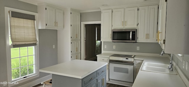 907 Raleigh Rd, Clinton, NC 28328 - kitchen featuring stainless steel microwave, white range with electric cooktop, light countertops, gray cabinets, and white cabinetry