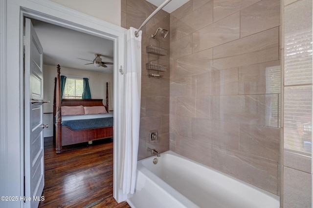305 Mcrae St, Wilmington, NC 28401 - full bathroom with ensuite bath, shower / bath combo with shower curtain, ceiling fan, and wood finished floors