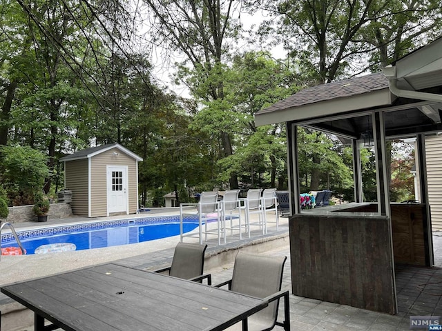 view of swimming pool with a patio and a storage shed