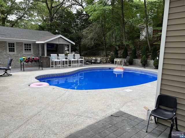 view of pool featuring exterior bar and a patio