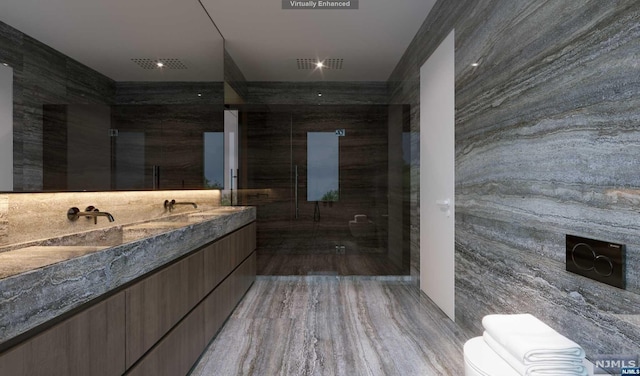 bathroom with vanity, toilet, tile walls, an enclosed shower, and wood-type flooring