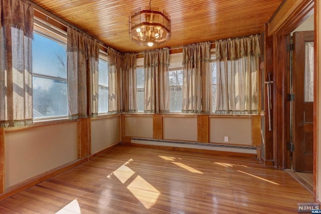 unfurnished sunroom featuring wooden ceiling, a chandelier, and a baseboard heating unit