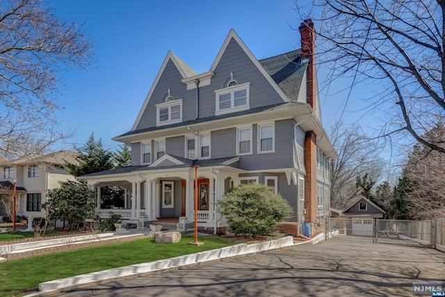 view of front of home with an outdoor structure, a front lawn, a porch, and a garage