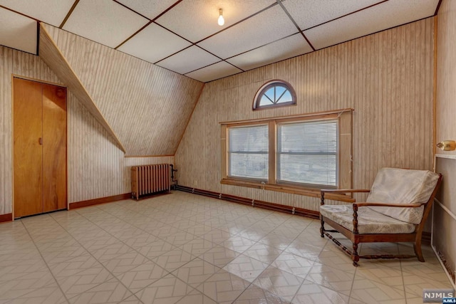 additional living space featuring wooden walls, lofted ceiling, and radiator