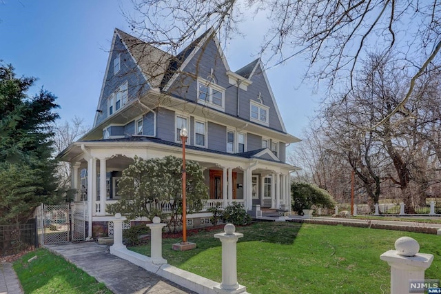 view of front of house with covered porch and a front yard