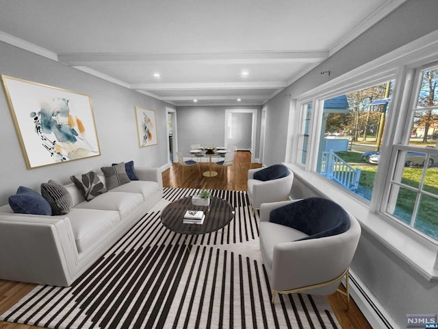 living room with hardwood / wood-style floors, a baseboard radiator, ornamental molding, and beam ceiling