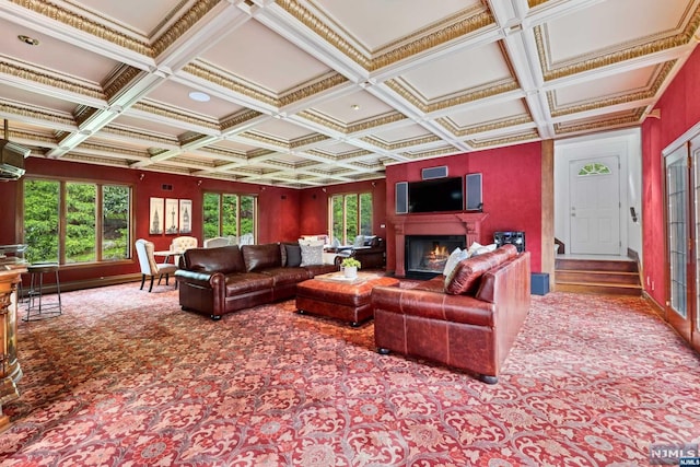 living room featuring beamed ceiling, carpet, coffered ceiling, and ornamental molding