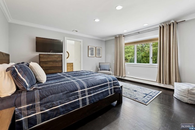 bedroom with a baseboard radiator, dark hardwood / wood-style floors, and ornamental molding