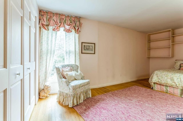 bedroom featuring wood-type flooring and a closet