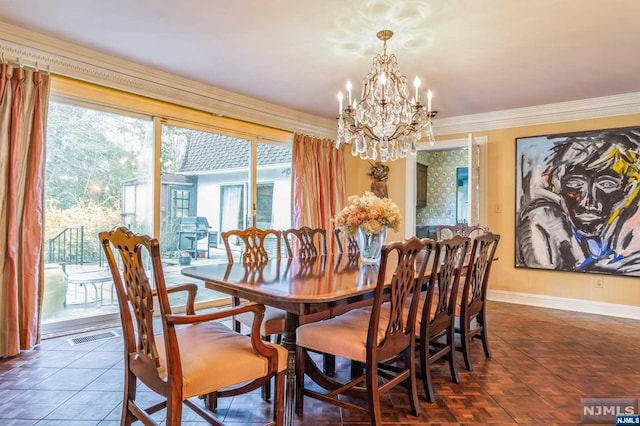 dining room with an inviting chandelier, crown molding, and a healthy amount of sunlight