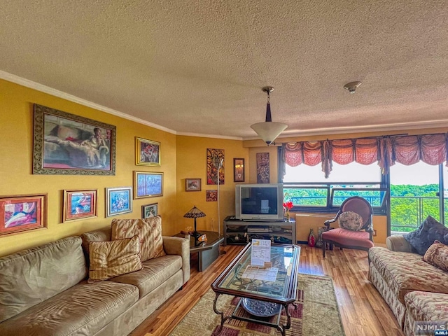 living room with hardwood / wood-style floors, ornamental molding, and a textured ceiling