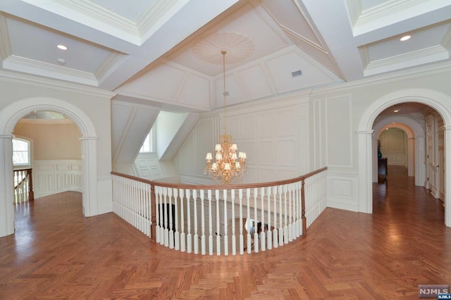 corridor featuring crown molding, dark parquet floors, beamed ceiling, and a chandelier