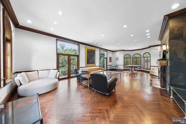 living room featuring french doors, parquet floors, and crown molding