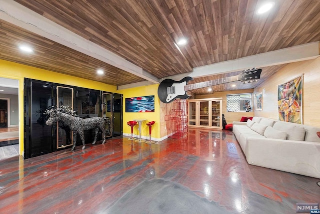 living room with beamed ceiling and wooden ceiling