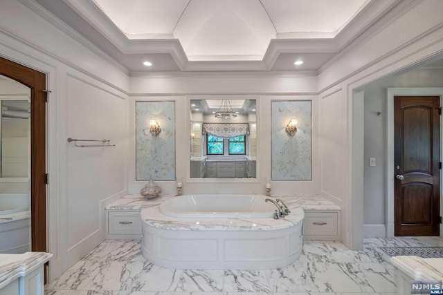 bathroom featuring a tub and ornamental molding