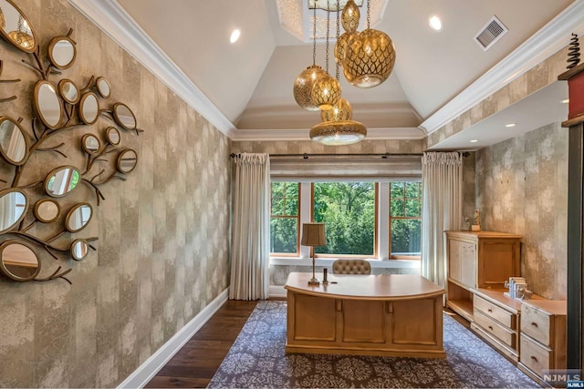 home office with ornamental molding, dark wood-type flooring, and high vaulted ceiling