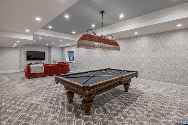 recreation room with carpet floors and pool table