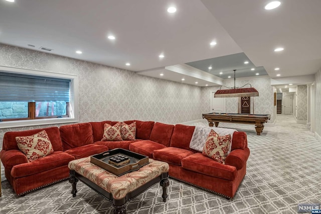 living room featuring light carpet and billiards