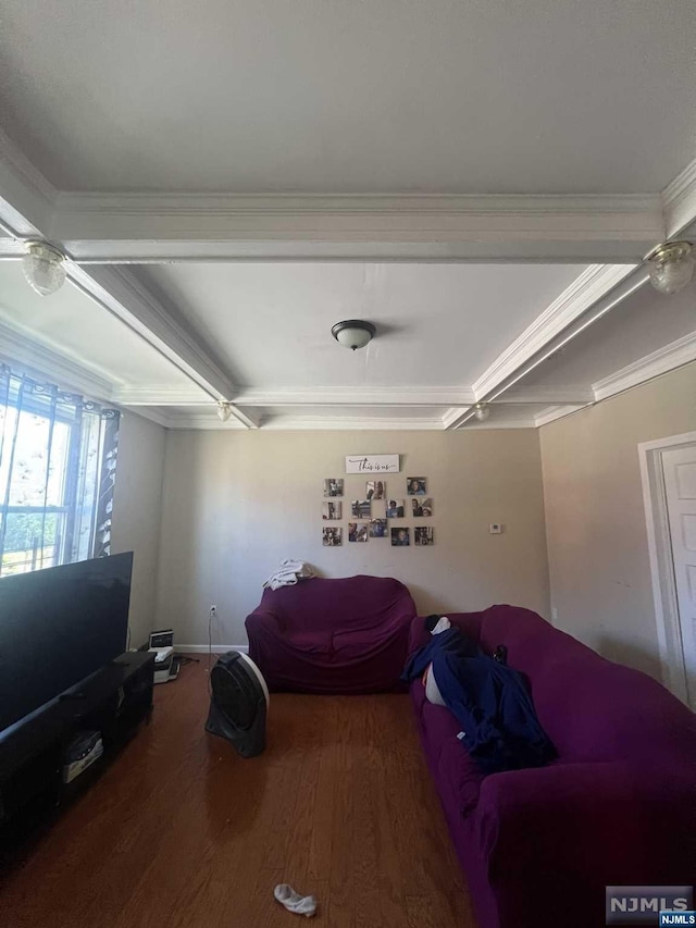 living room featuring crown molding and wood-type flooring