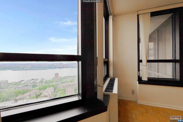 details with parquet floors and a water view