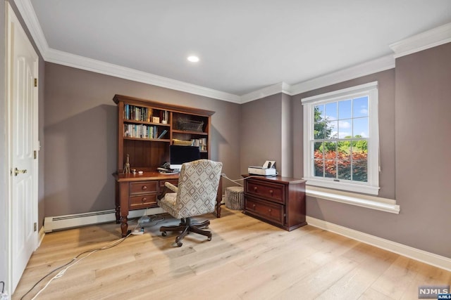 office area featuring ornamental molding, baseboard heating, and light hardwood / wood-style flooring