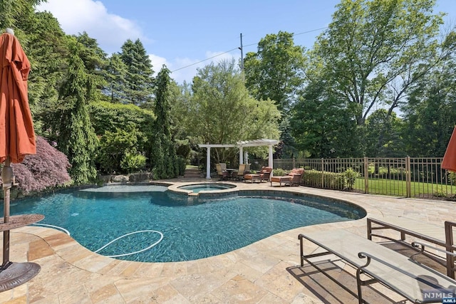 view of pool featuring a pergola, an in ground hot tub, and a patio