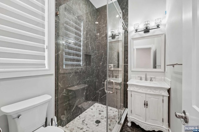 bathroom with vanity, toilet, and a shower with shower door