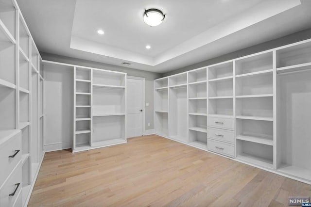 walk in closet with a raised ceiling and light wood-type flooring