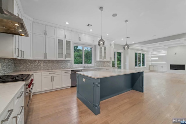 kitchen with appliances with stainless steel finishes, white cabinets, extractor fan, and light hardwood / wood-style floors