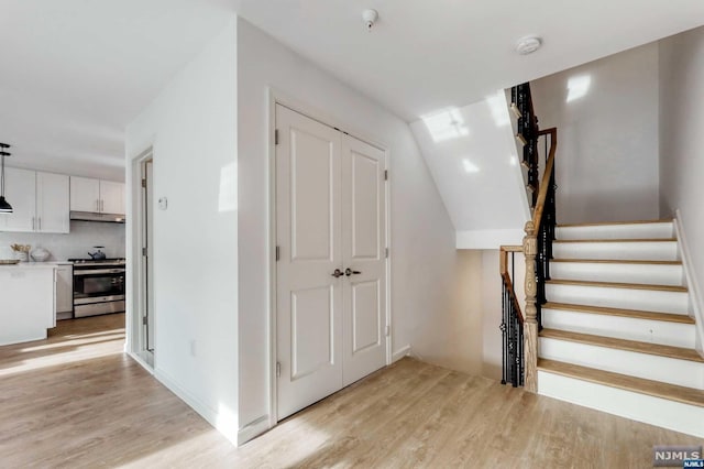 stairway with hardwood / wood-style floors