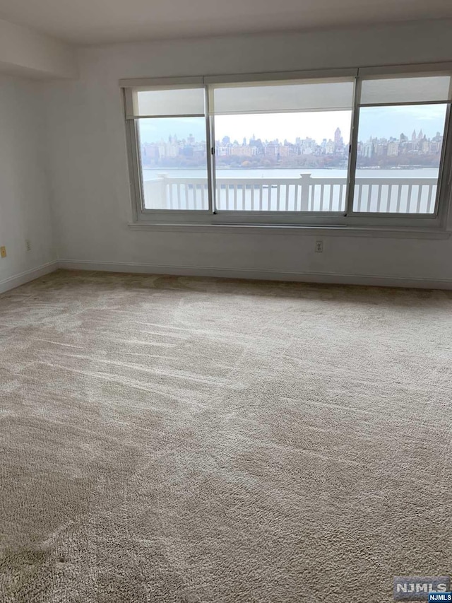 spare room with a water view and carpet floors